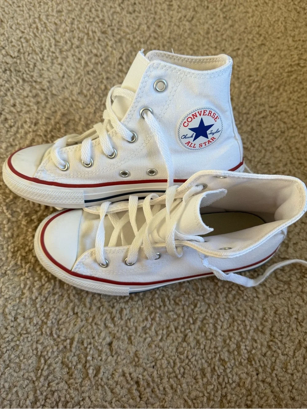Converse Kids White High Top Sneakers with Red & Blue Trim